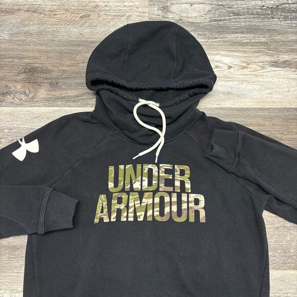 Under Armour UA Favorite Fleece‎ Hoodie Black Camo Spellout Womens S Funnel Neck - Picture 1 of 7